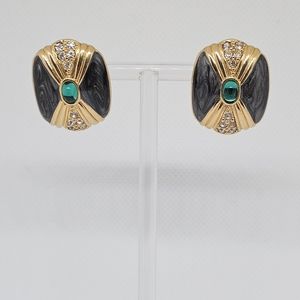 Vintage Kenneth Jay Lane For Avon Green Cabochon Earrings with Gray Enamel